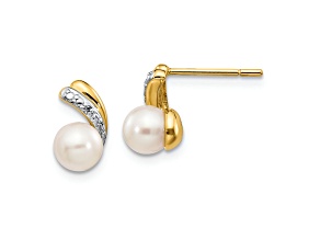 14K Yellow Gold 5-6mm White Round Freshwater Cultured Pearl 0.01ct Diamond Post Earrings