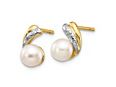 14K Yellow Gold 5-6mm White Round Freshwater Cultured Pearl 0.01ct Diamond Post Earrings