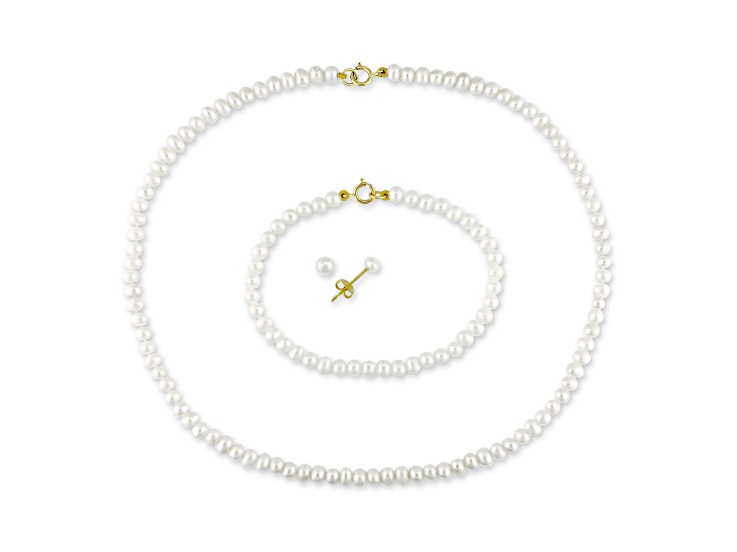 Baby Set of 3-4mm Freshwater Cultured Pearl 14" Necklace, Bracelet & Earrings with 10K Yellow Gold