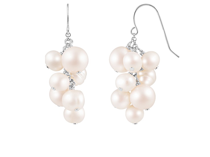 6-10mm White Cultured Freshwater Pearl Rhodium Over Sterling Silver Earrings