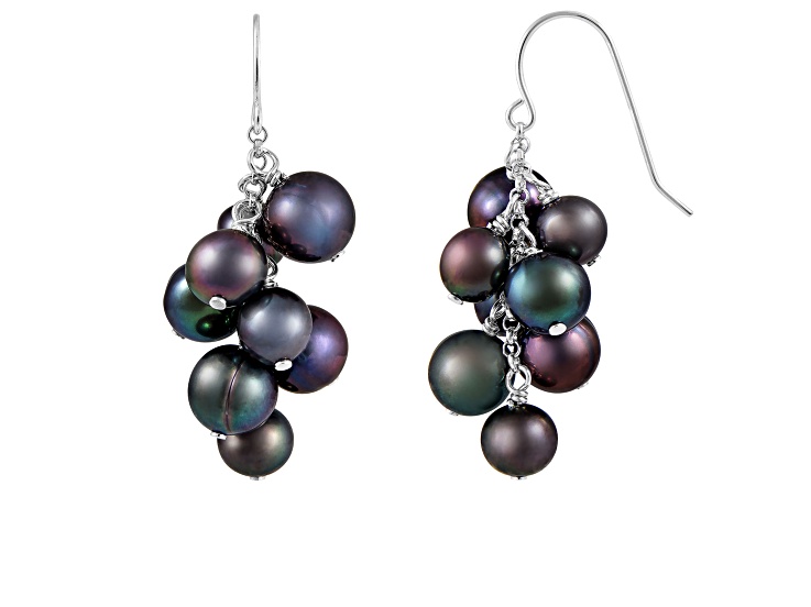 6-10mm Black Cultured Freshwater Pearl Rhodium Over Sterling Silver Earrings