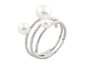 4-7mm White Round Cultured Freshwater Pearl and Cubic Zirconia Rhodium Over Silver Ring