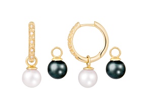 White and Black Cultured Akoya Pearl 14k Yellow Gold Earrings 7-7.5mm