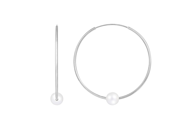 9-9.5mm White Cultured Freshwater Pearl Rhodium Over Sterling Silver Earrings