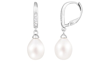 Picture of White Cultured Freshwater Pearl and Cubic Zirconia Rhodium Over Sterling Silver 7-8mm Drop Earrings