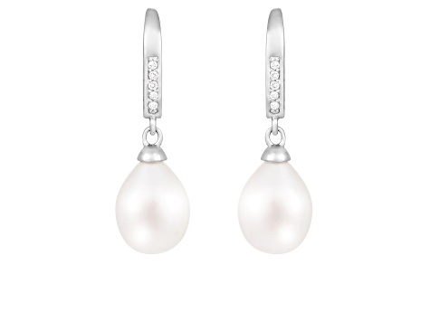 White Cultured Freshwater Pearl and Cubic Zirconia Rhodium Over ...