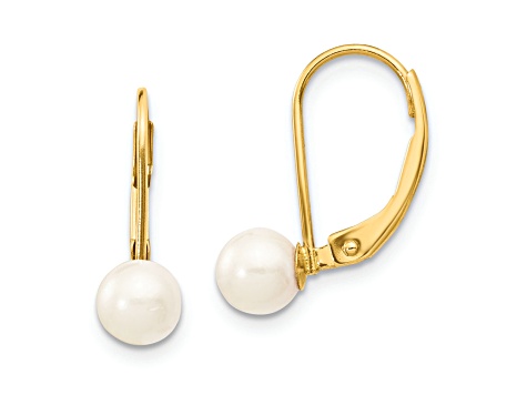 14K Yellow Gold 5-6mm White Round Saltwater Akoya Cultured Pearl Leverback Earrings