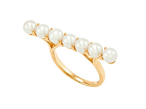 4.5-5mm Round White Freshwater Pearl 14K Yellow Gold Bar Design Ring