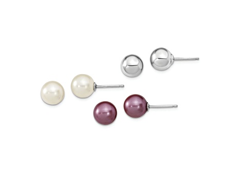 Rhodium Over Sterling Silver 8-9mm Plum/White Imitation Shell Pearl Post 3 Earring Set