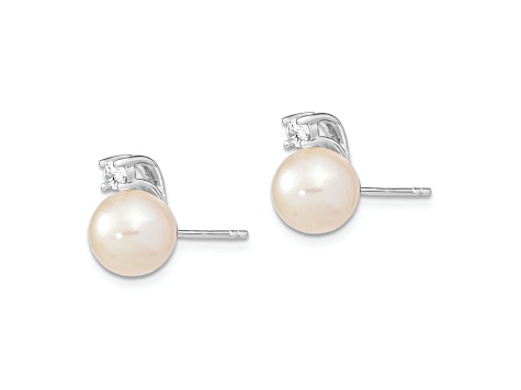 Rhodium Over Sterling Silver  8-9mm White Round FWC Pearl Cubic Zirconia Post Earrings