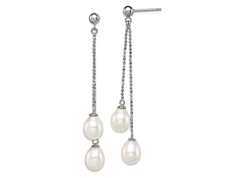 Rhodium Over Sterling Silver  7-8mm White Freshwater Cultured Pearl Post Dangle Earrings