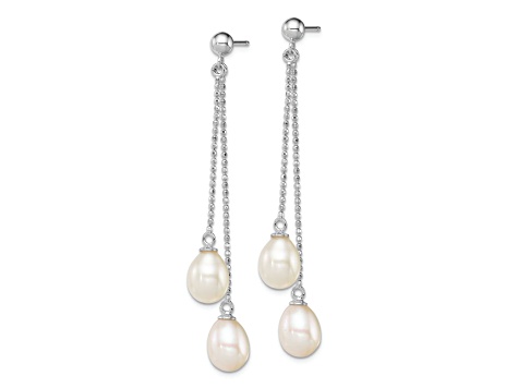 Rhodium Over Sterling Silver  7-8mm White Freshwater Cultured Pearl Post Dangle Earrings