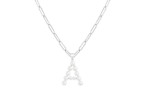Letter A Initial Cultured Freshwater Pearl Rhodium Over Sterling Silver Pendant With  18" Chain
