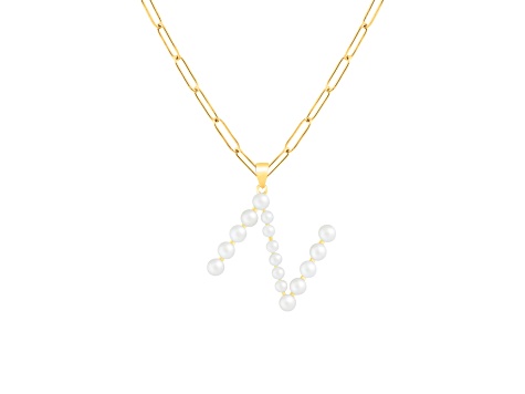 Letter N Initial Cultured Freshwater Pearl 18K Gold Over Sterling Silver Pendant With  18" Chain