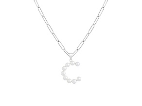 Letter C Initial Cultured Freshwater Pearl Rhodium Over Sterling Silver Pendant With  18" Chain