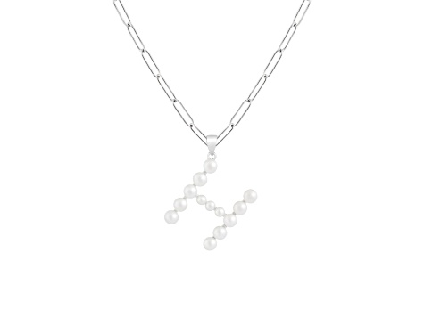 Letter H Initial Cultured Freshwater Pearl Rhodium Over Sterling Silver Pendant With  18" Chain