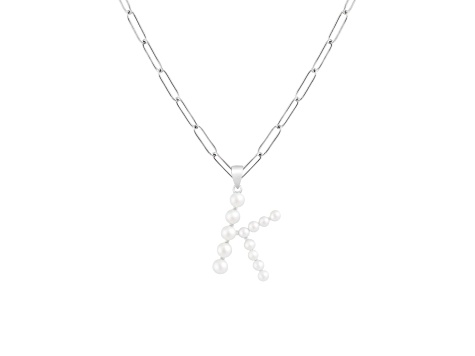 Letter K Initial Cultured Freshwater Pearl Rhodium Over Sterling Silver Pendant With  18" Chain