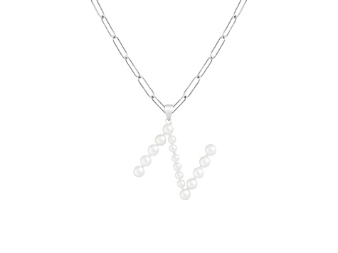 Letter N Initial Cultured Freshwater Pearl Rhodium Over Sterling Silver Pendant With  18" Chain