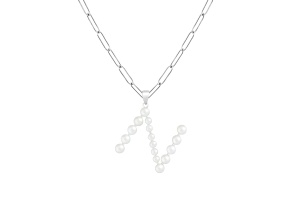 Letter N Initial Cultured Freshwater Pearl Rhodium Over Sterling Silver Pendant With  18" Chain
