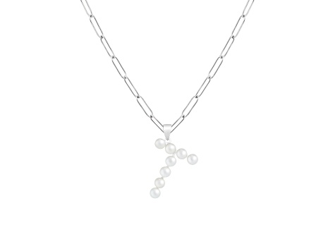 Letter T Initial Cultured Freshwater Pearl Rhodium Over Sterling Silver Pendant With  18" Chain