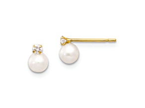 14K Yellow Gold 5-6mm Near Round Freshwater Cultured Pearl Cubic Zirconia Post Earrings
