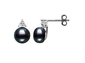 Black Cultured Freshwater Pearl & Lab Created Sapphire Rhodium Over Sterling Silver Earrings