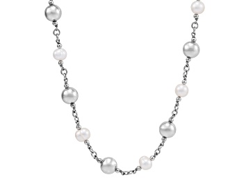 Picture of 7-8mm Round White Freshwater Pearl with Sterling Silver Beads Station Necklace