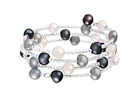 Sterling Silver Rhodium Plated Triple Row Freshwater Pearl Coil Bracelet