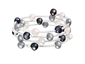 Sterling Silver Rhodium Plated Triple Row Freshwater Pearl Coil Bracelet