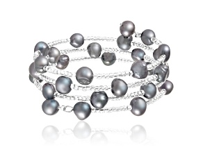 Sterling Silver Rhodium Plated Triple Row Freshwater Pearl Coil Bracelet