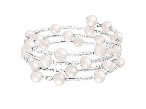 Sterling Silver Rhodium Plated Triple Row Freshwater Pearl Coil Bracelet