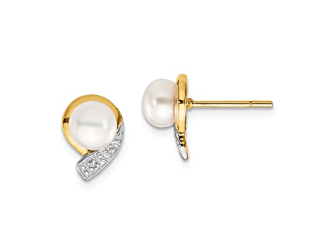 14K Yellow Gold 5-6mm White Button Freshwater Cultured Pearl 0.01ct Diamond Post Earrings