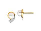 14K Yellow Gold 5-6mm White Button Freshwater Cultured Pearl 0.01ct Diamond Post Earrings