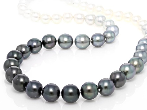 Contemporary Ombre Tahitian and Akoya Cultured Pearl Strand Necklace 14K W Gold 26.5"