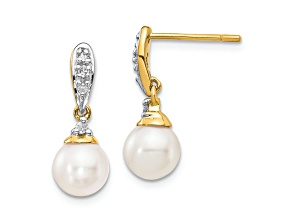 14K Yellow Gold 6-7mm White Round Freshwater Cultured Pearl 0.08ct Diamond Dangle Earrings