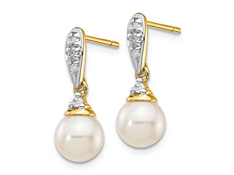 14K Yellow Gold 6-7mm White Round Freshwater Cultured Pearl 0.08ct Diamond Dangle Earrings