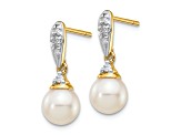 14K Yellow Gold 6-7mm White Round Freshwater Cultured Pearl 0.08ct Diamond Dangle Earrings