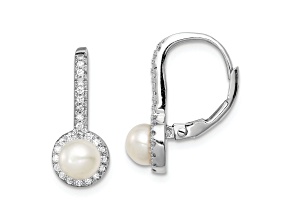 Rhodium Over Sterling Silver Freshwater Cultured Pearl and CZ Halo Leverback Dangle Earrings