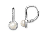 Rhodium Over Sterling Silver Freshwater Cultured Pearl and CZ Halo Leverback Dangle Earrings