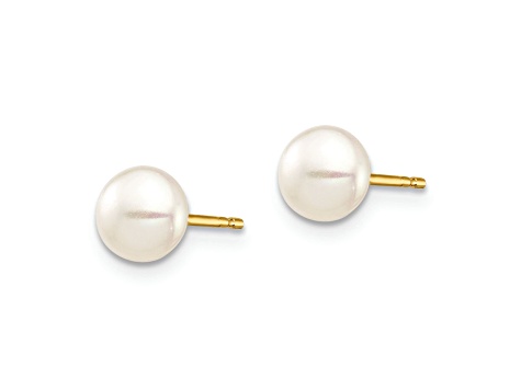 14K Yellow Gold 5-6mm White Button Freshwater Cultured Pearl Stud Post Earrings