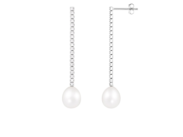 8-9mm White Cultured Freshwater Pearl and Cubic Zirconia Rhodium Over Sterling Silver Earrings