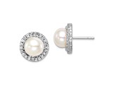 Rhodium Over Sterling Silver 8-9mm White Button Freshwater Cultured Pearl Cubic Zirconia Earrings