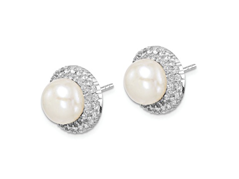 Rhodium Over Sterling Silver 8-9mm White Button Freshwater Cultured Pearl Cubic Zirconia Earrings