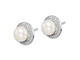 Rhodium Over Sterling Silver 8-9mm White Button Freshwater Cultured Pearl Cubic Zirconia Earrings