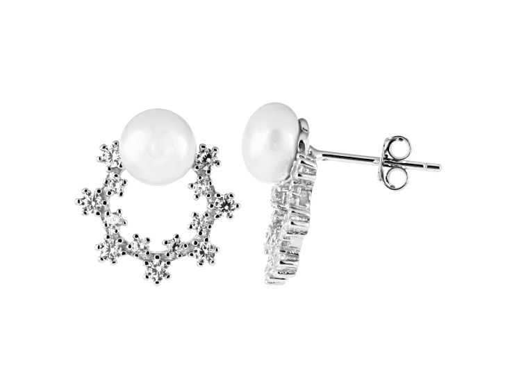 6-7mm White Cultured Freshwater Pearl and Cubic Zirconia Rhodium Over Sterling Silver Earrings