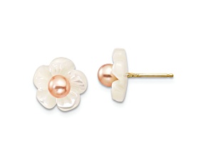 10k Yellow Gold 3-4mm Pink Freshwater Cultured Pearl with 10mm Mother of Pearl Flower Stud Earrings