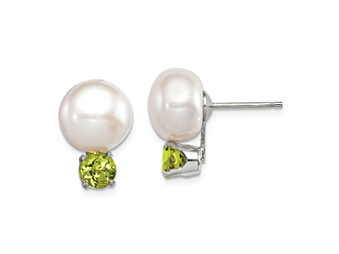 Sterling Silver 10-11mm Freshwater Cultured Button Pearl with Peridot Earrings