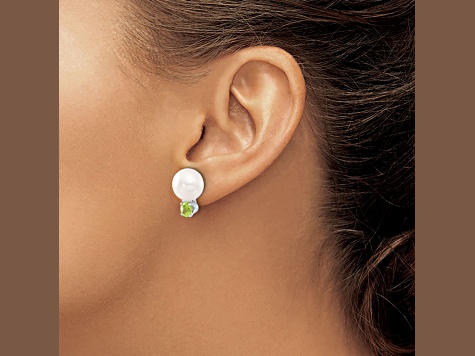 Sterling Silver 10-11mm Freshwater Cultured Button Pearl with Peridot Earrings