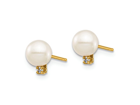 14k Yellow Gold Children's 5-6mm White Round Freshwater Cultured Pearl Diamond Stud Earrings