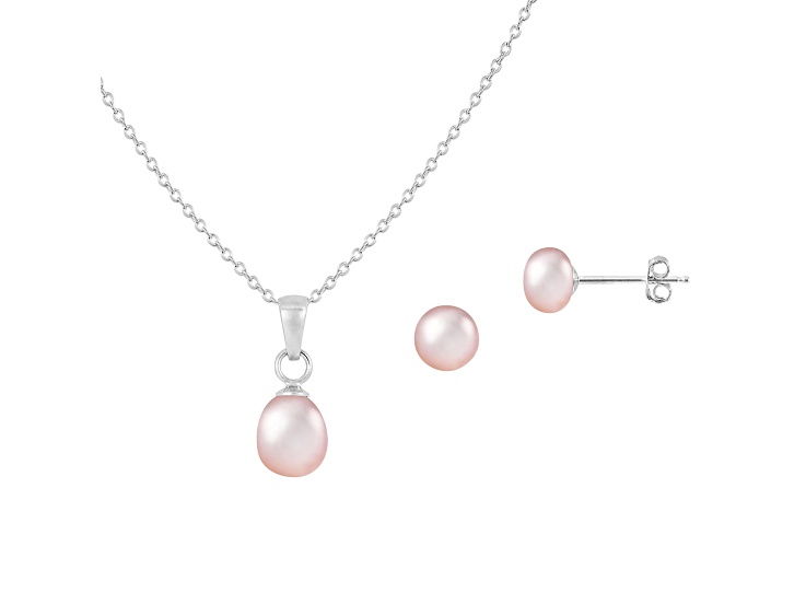 6.5-7mm Button/Drop Pink Freshwater Pearl Rhodium Over Sterling Earring and Pendant W/Chain Set